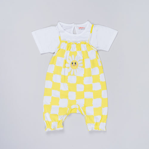 Mimino Dungaree For Baby Girls Casual Printed Cotton Blend (Yellow, Pack of 1)