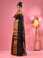 Black Pure Cotton Tant Saree With Zari Border-MA51TT43540047