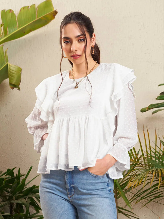 Women White Dobby Ruffle Top