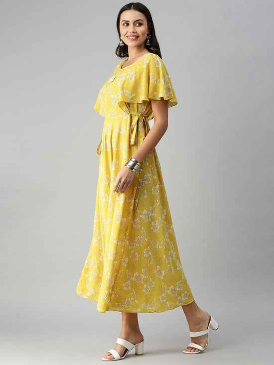 Women's Yellow Floral A-Line Kurta-DW-9565-Yellowoffwhite