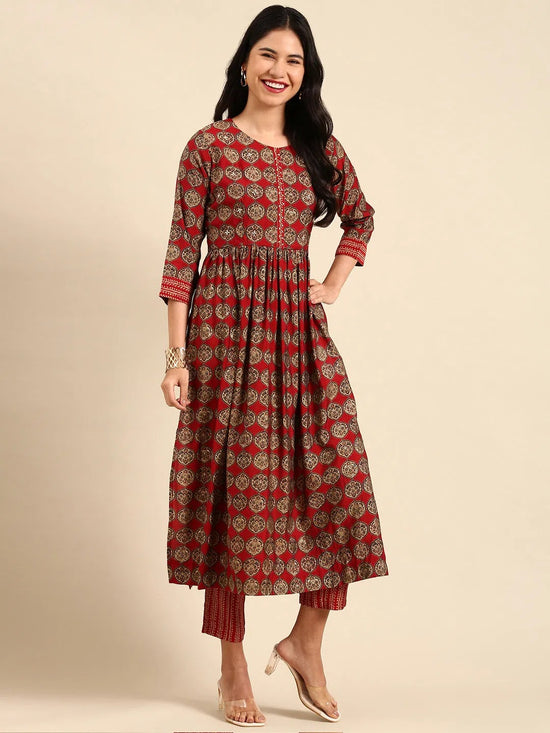 Women's Red Printed Kurta Set-SKC-813-Maroon