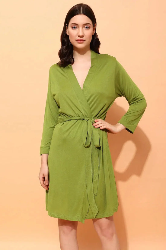 Clovia Chic Basic Robe in Green - Cotton