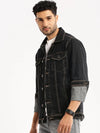 Men Charcoal Spread Collar Solid Denim Jacket-IB-DJ-09-Charcoal