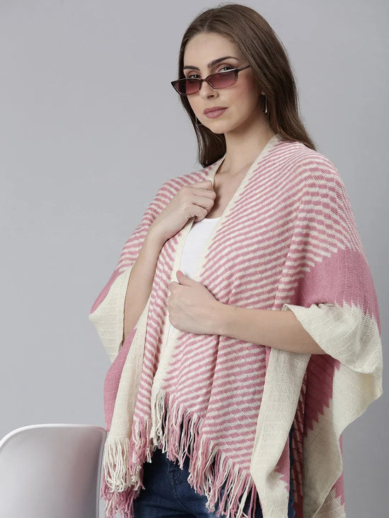 Women Pink Striped Poncho-CHN-9902-Pink