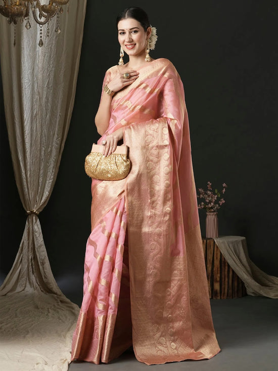 Saree Mall Women's Organza Pink Woven Design Designer Saree With Blouse Piece-UNATI1003