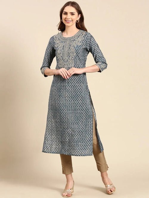 Women's Blue Printed Straight Kurta-GW-3290-Blue