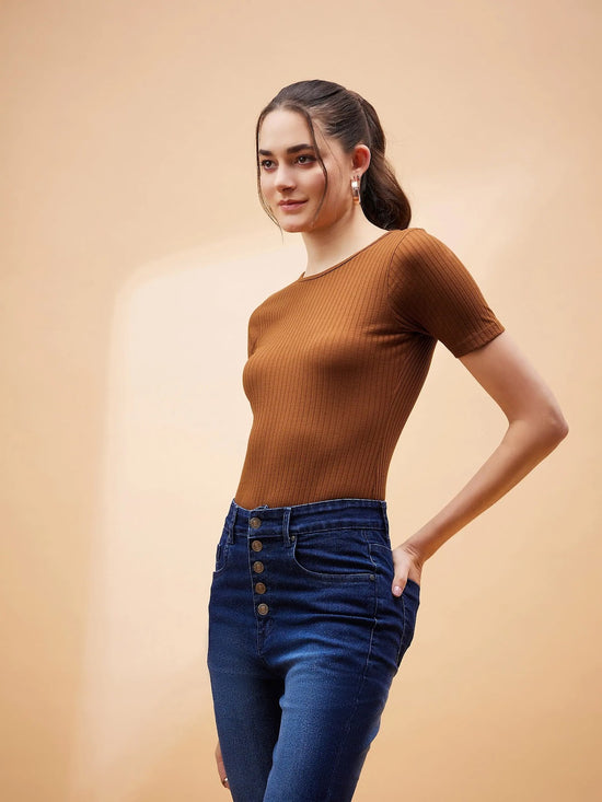 Women Brown Rib Round Neck Bodysuit