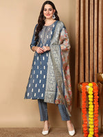 Ahika Women Blue Silk Blend Embroidered Straight Kurta Pant Set With Dupatta-PKSKD2160_XS