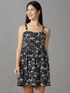 Women's Black Printed Fit and Flare Dress-AE-15733-Black