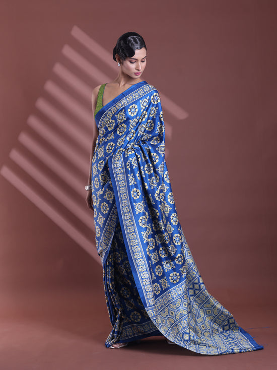 Blue Silk Soft Saree With Texture Print-MA60BSL01400035