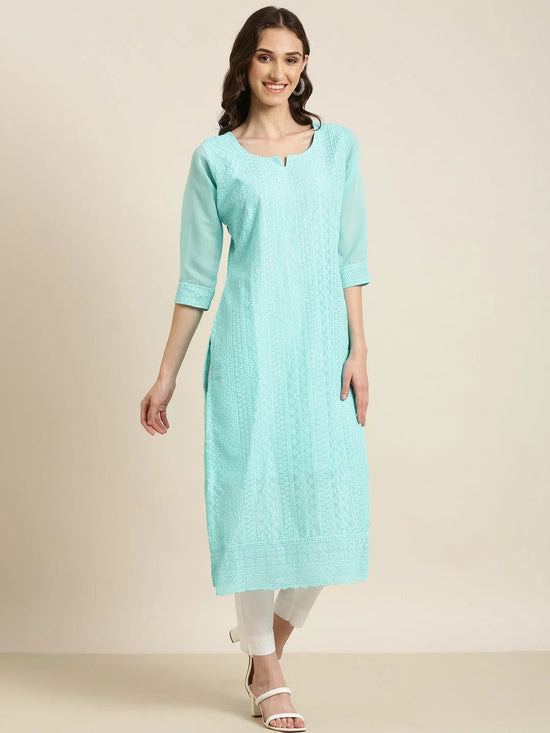 Women Turquoise Blue Embellished Straight Kurta-SKC-1217-Turquoiseblue