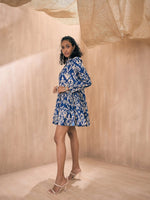 Women Blue Ikat Print Front Button Shirt Tiered Dress