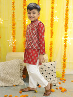 BownBee Boys Pure Cotton Printed Kurta Pajama with Jacket - Red