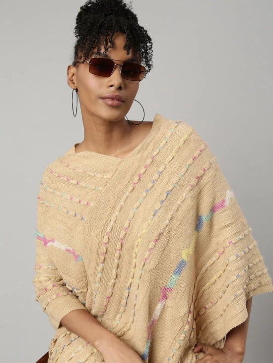 Women Striped Beige Longline Poncho-CHN-9981-0-Beige