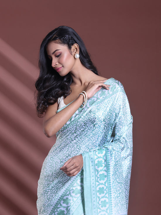 Mint Green Silk Soft Saree With Floral Print-MA60BSL01400068