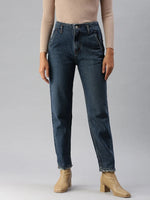 Women's Blue Solid Mom Fit Denim Jeans-GZ-5018C-Blue