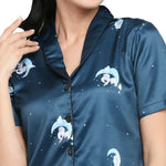 Smarty Pants Women's Silk Satin Teal Blue Color Baby Elephant Printed Night Suit