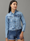 Women's Blue Solid Denim Jacket-GZ-5502-Blue