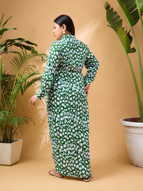 Women Green & White Print Button Open Midi Dress