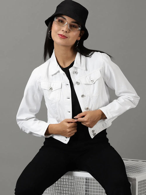 Women's White Solid Denim Jacket-IM-10322-White