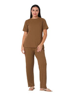 Smarty Pants Women's Cotton Rib Brown Color Round Neck Night Suit