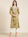 Women Olive Floral Straight Kurta-AT-A1078-K-Olive