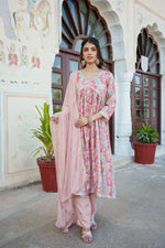 Vaasva Women Peach Muslin Embroidered Kurta Pant & Dupatta Set