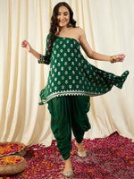 One Shoulder Assymettric Top with Dhoti Pants in Green Color