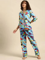 Shirt Pyjama nightwear set in Aqua Blue Print