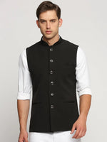 Men Black Mandarin Collar Solid Nehru Jacket-AK-2250-8-Black