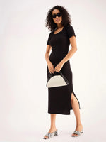 Women Black Rib Square Neck Slit Midi Dress