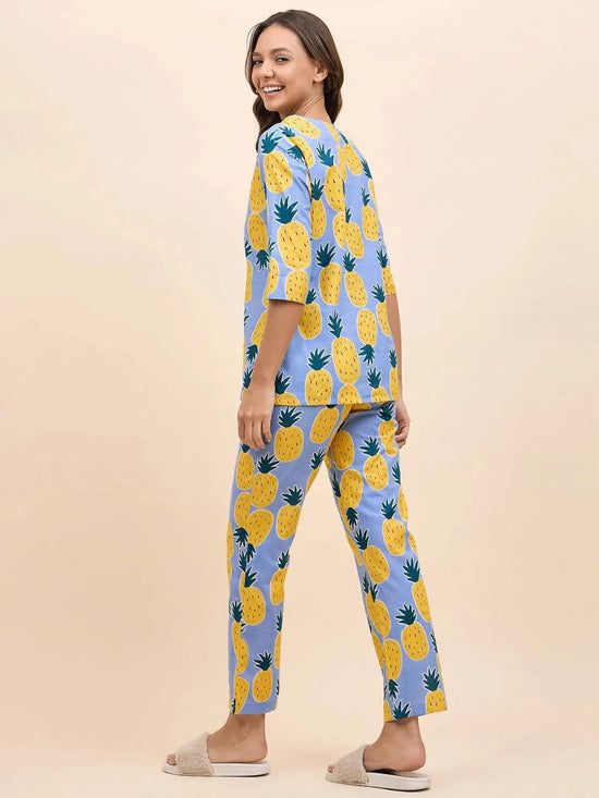 Kurta Pyjama Set in Blue and Yellow Pineapple Print