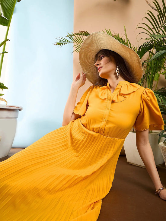 Women Mustard Frill Neck Accordion Pleated Midi Dress