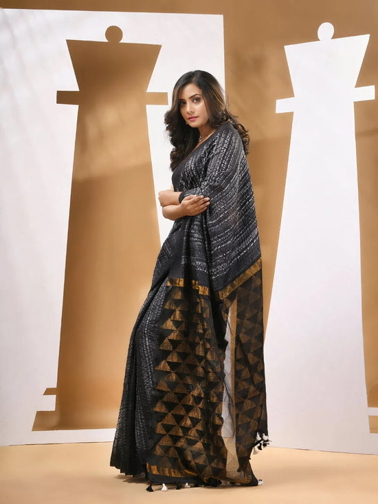 Black And White Matka Handwoven Saree With Shibori Designs-MA53MT063080043