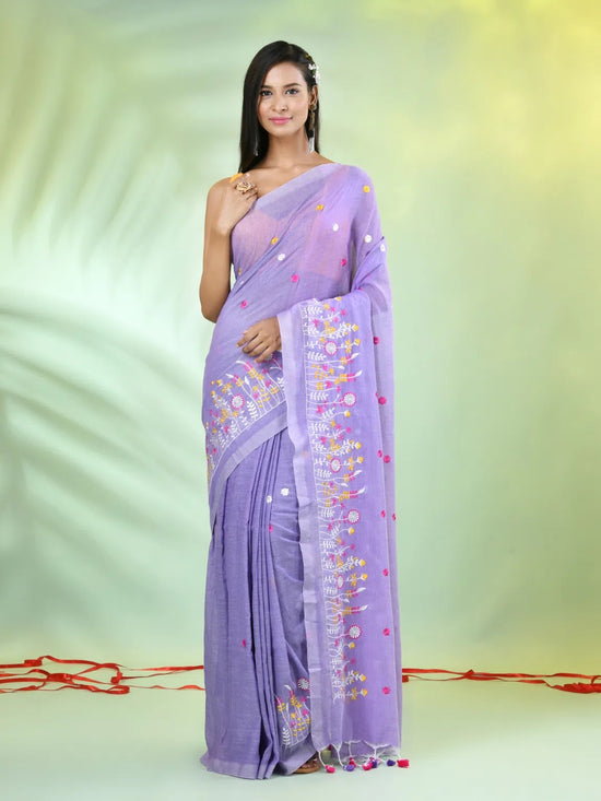 All Over Thread Floral Embroidery Lavender Cotton Saree-MA62CT33610075