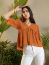 Women Rust Dobby V-Neck Peplum Top