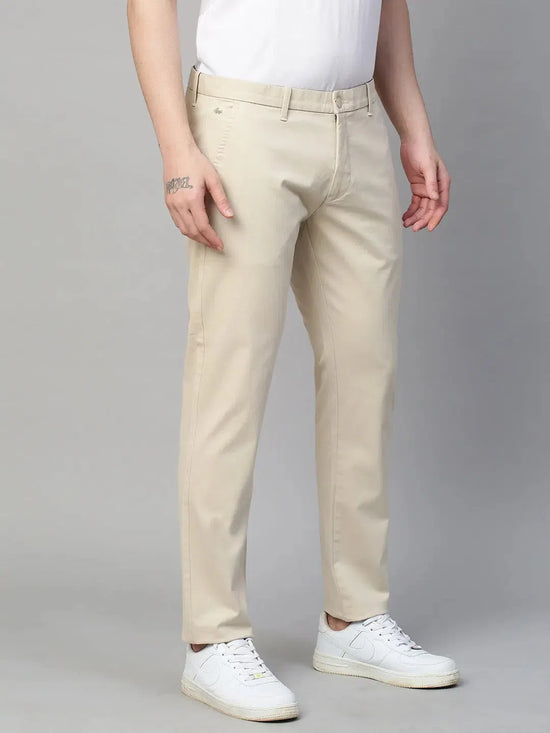 Genips Men's Cotton Stretch Caribbean Slim Fit Cream Color Solid Trousers