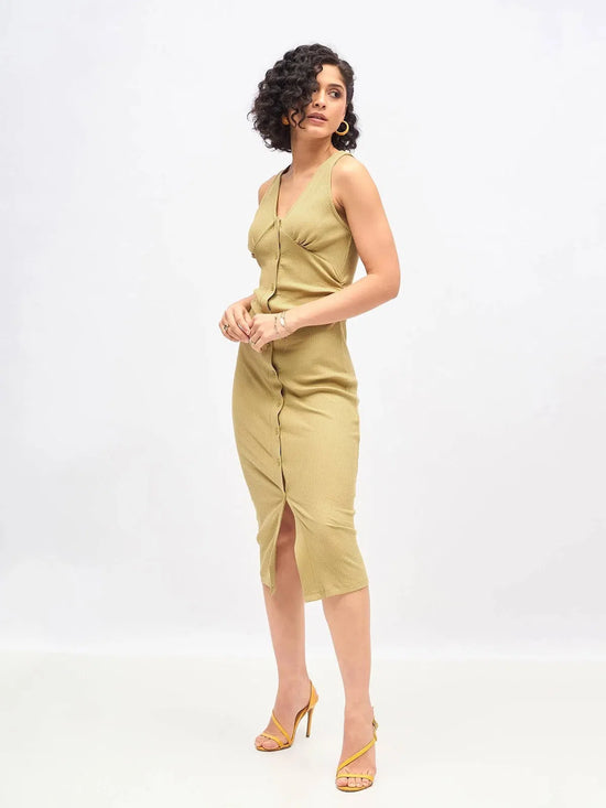 Women Khaki Rib Front Button Bodycon Midi Dress