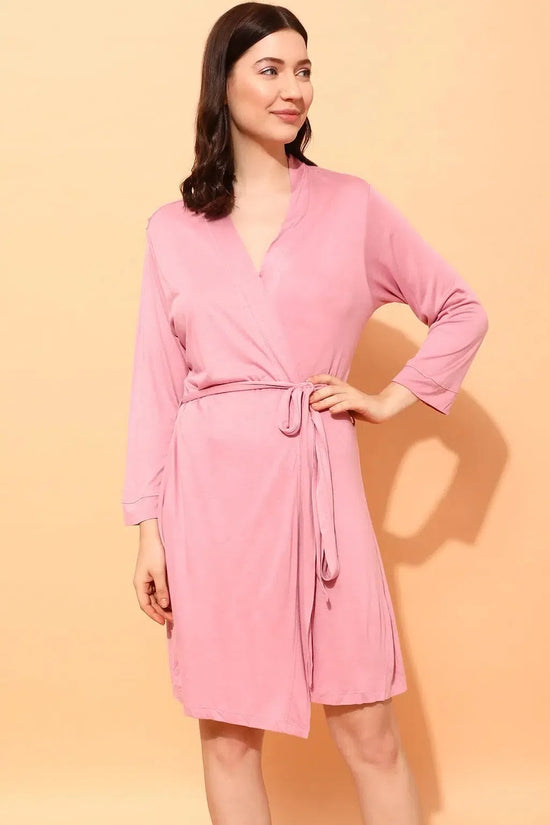 Clovia Chic Basic Robe in Baby Pink - Cotton