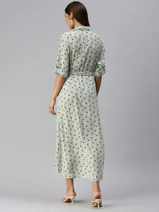 Women's Green Printed Shirt Dress-AE-444942-Green