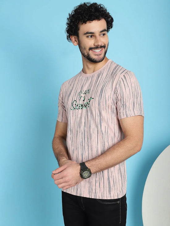 Venitian Men Printed Round Neck Pink Cotton Lycra T-Shirt