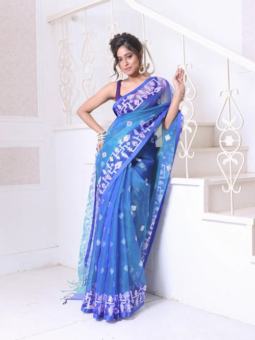 Sky Blue Muslin Saree With Jamdani Designs-MA64MS401190013