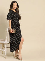 One Shoulder yoke overlap printed dress in Black