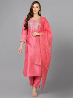 Pink Silk Blend Straight Kurta Pant With Dupatta