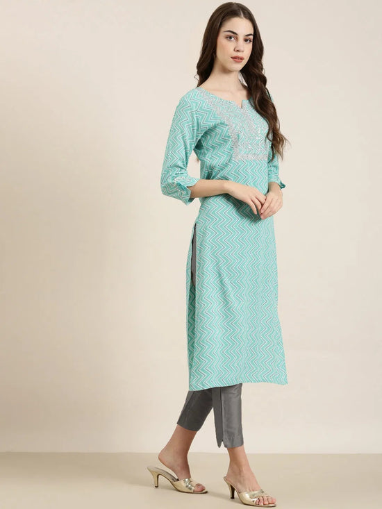 Women Turquoise Blue Chevron Straight Kurta-AT-A403-K-Turquoiseblue