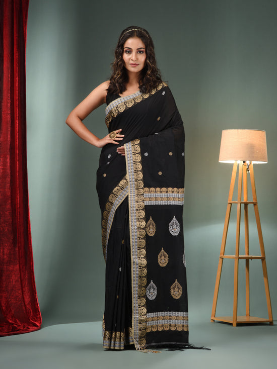 Black Cotton Handwoven Saree With Woven Designs-MA50CT061410087