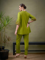 Women Green Sleeves Embroidered Shirt With Palazzos