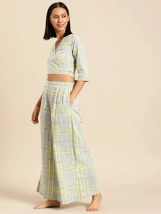 Overlap crop top with flare pyjama set in Checks