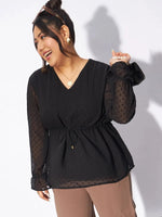 Women Black Dobby Peplum Top