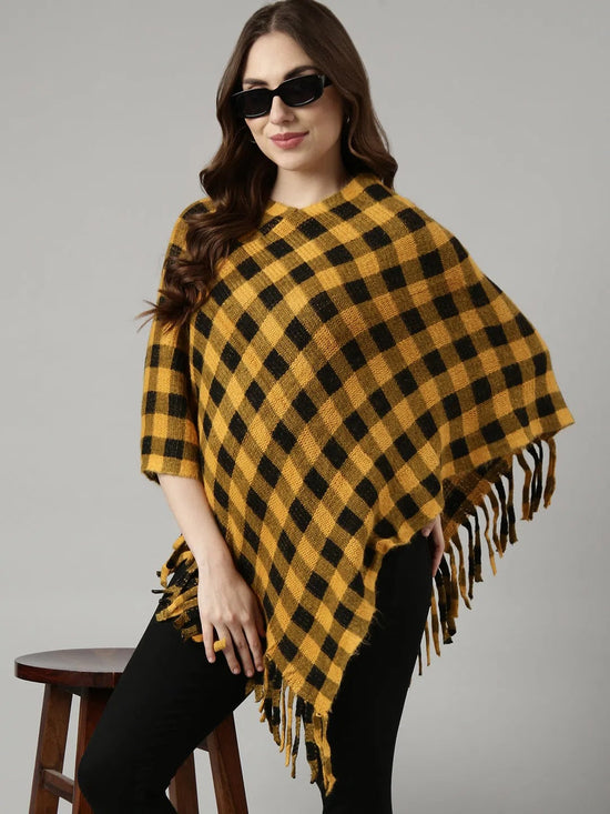 Women Checked Yellow Longline Poncho-CHN-9981-Yellow